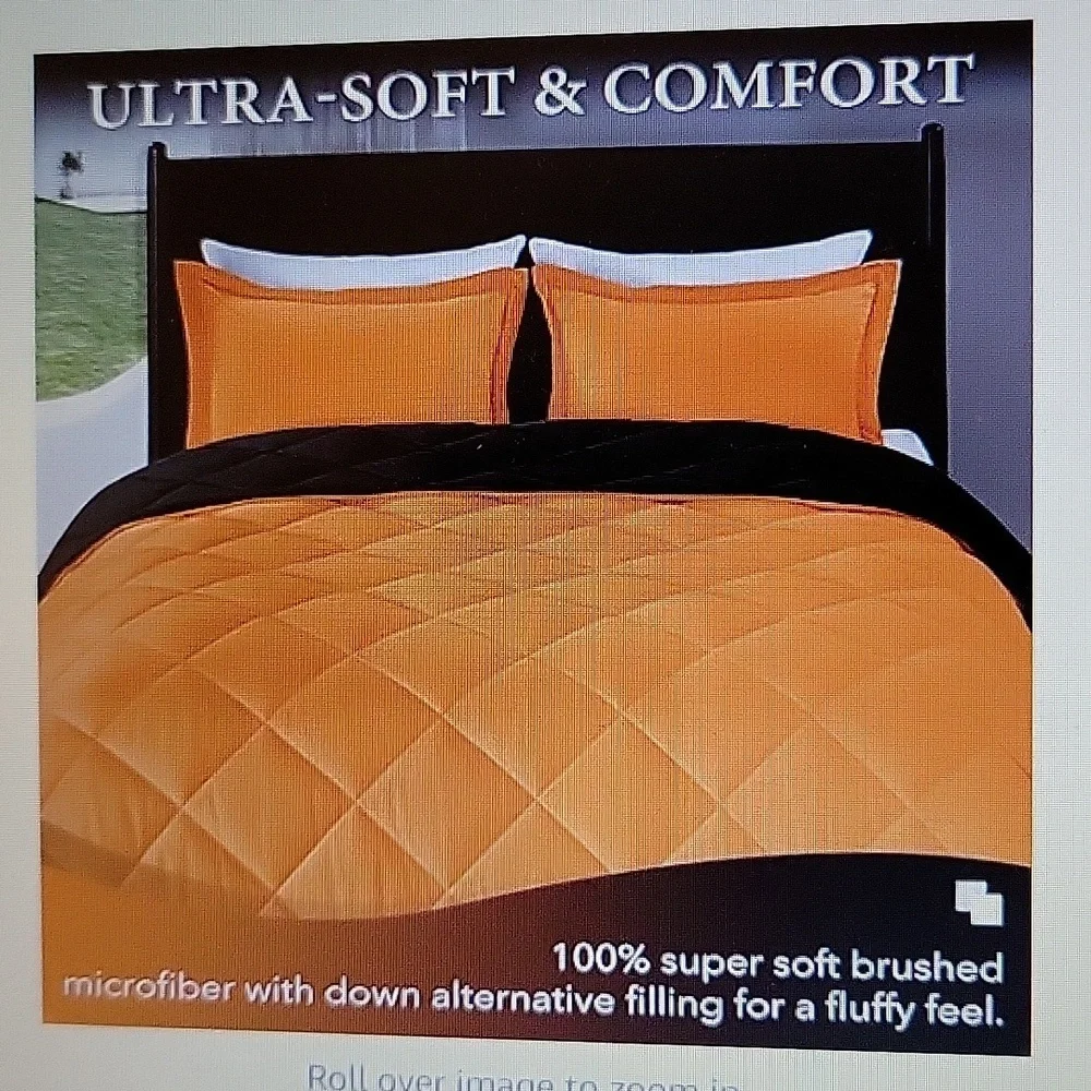 Downluxe orange black reversible full 3 piece comforter set down alternative New